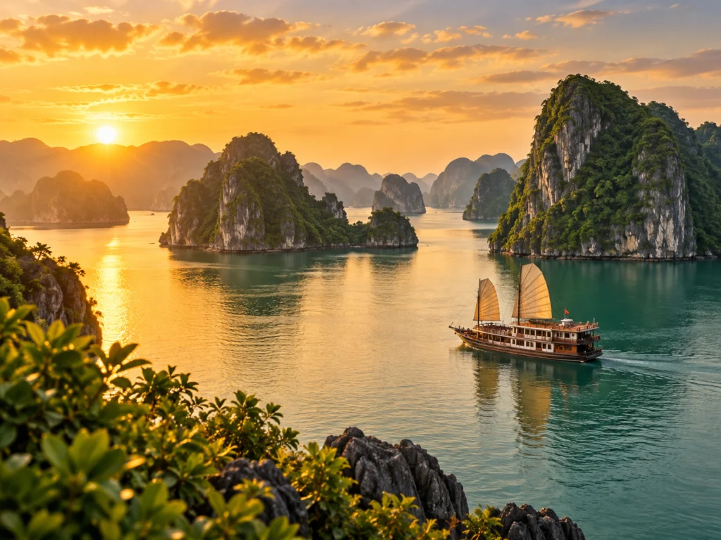Vietnam – Kalksteinlandschaft und Bucht bei Sonnenuntergang